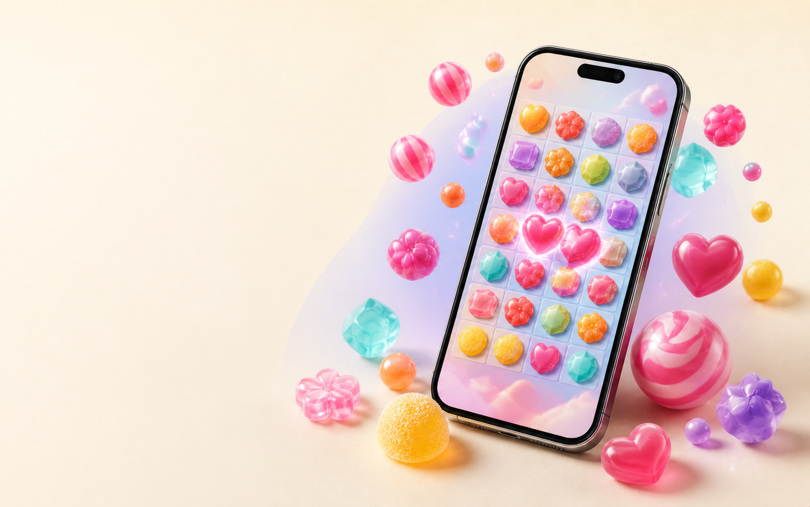 A fictional candy-matching puzzle displayed on a phone