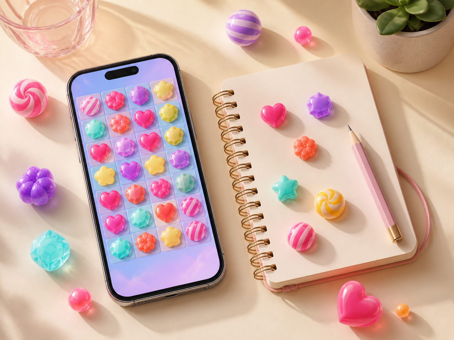 Phone with a fictional candy puzzle beside a strategy notebook
